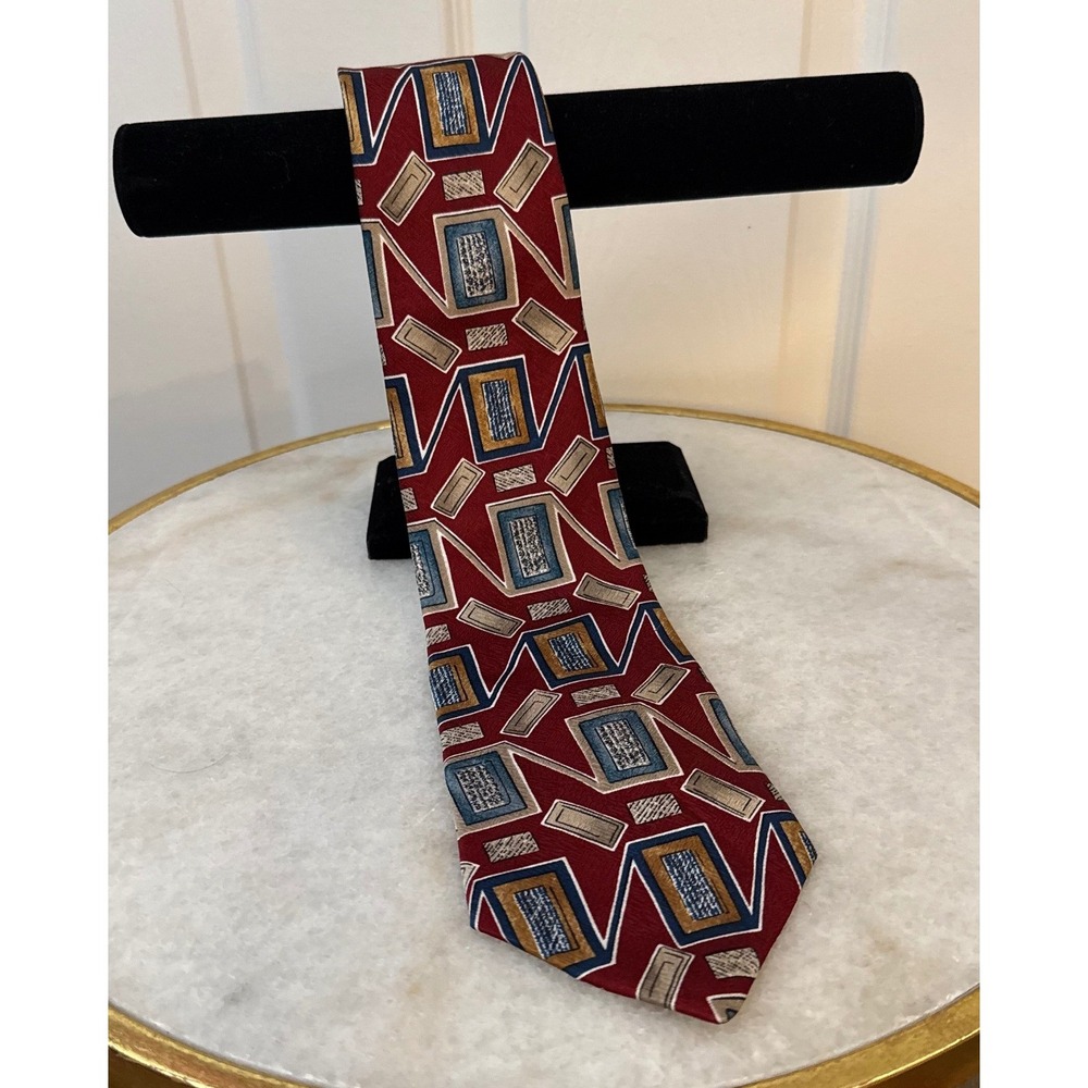 Monsieur Givenchy Silk Necktie Burgundy Red Blue Gold Geometric Abstract Vintage - Picture 6 of 6